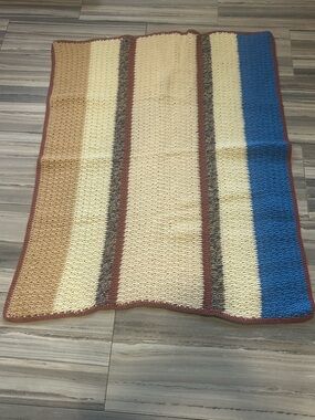 Handmade Striped Crochet Blanket in Cream, Tan & Blue